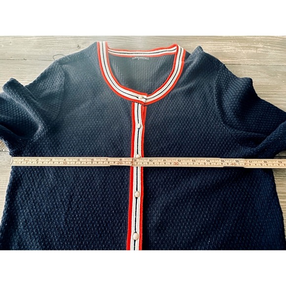 Talbots Navy Textured Knit Cardigan Red White Trim Pearl Button Women's Size M - Picture 7 of 11